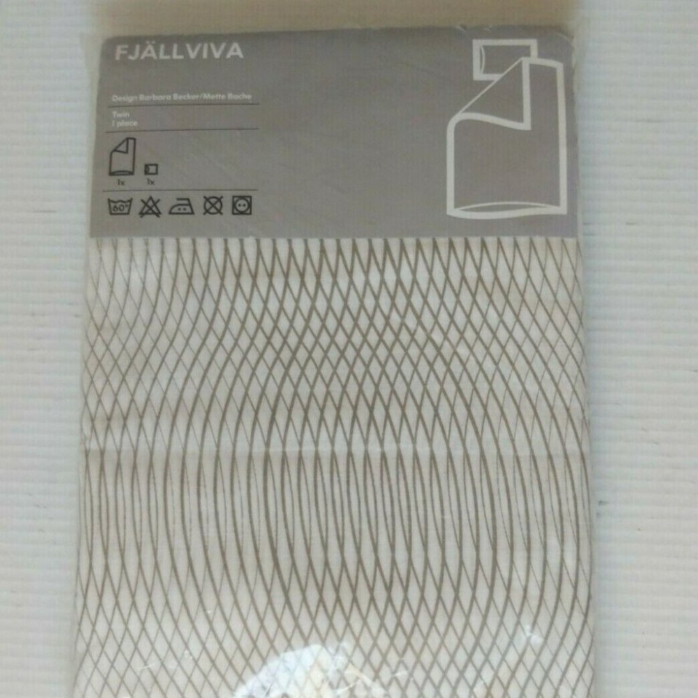 Ikea FJÄLLVIVA Twin Quilt Cover w/ 1 Pillowcase White Tan Pattern Cotton Blend